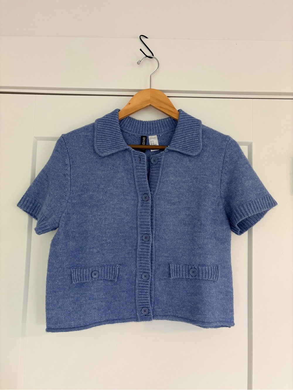 H&M Light Blue Short-Sleeve Collared Knit Cardigan